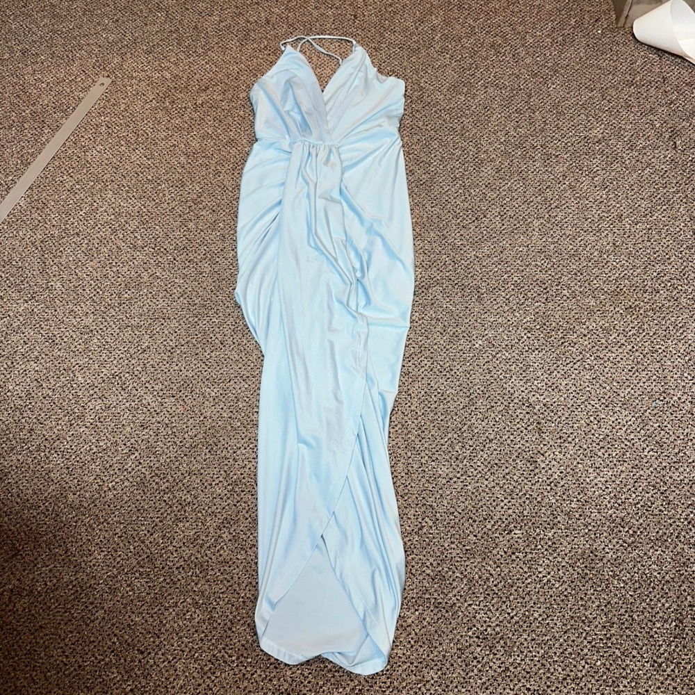 Miss Avenue Light‎ Blue Halter V-Neck Draped Maxi Dress Small wedding guest